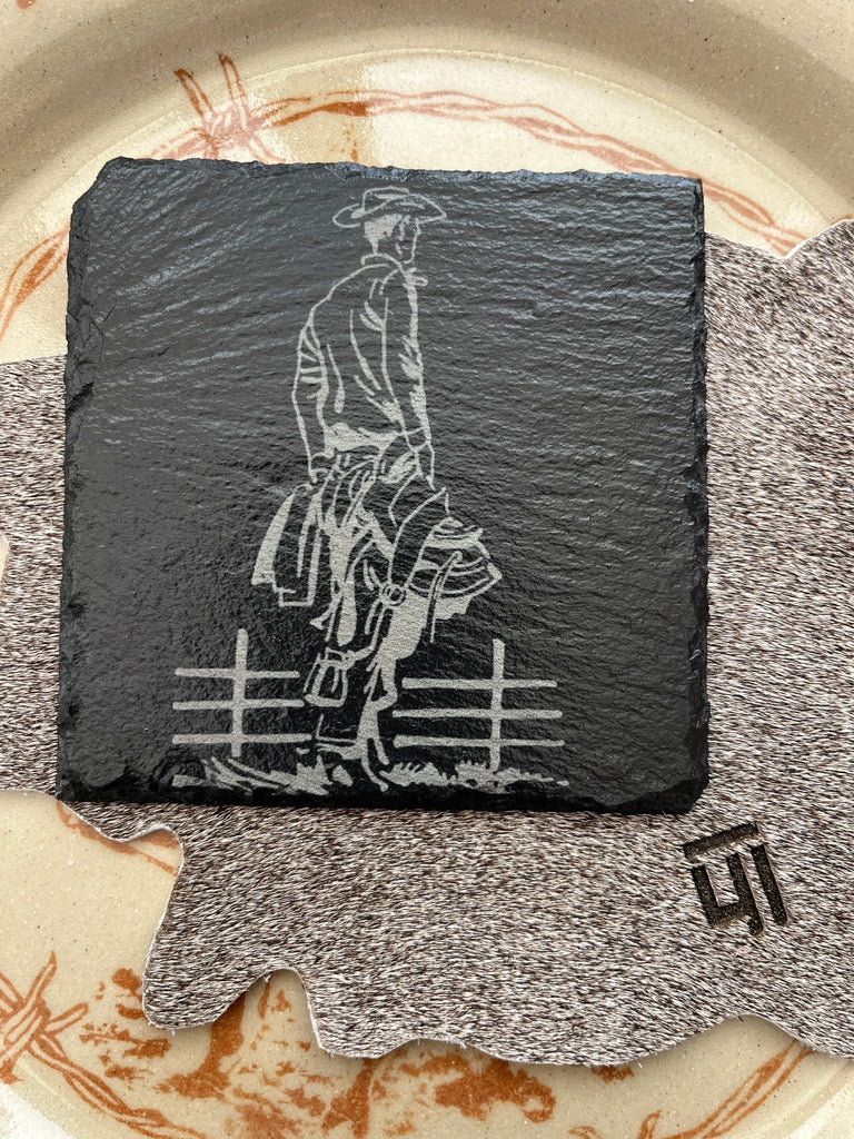 Custom engraved western slate coaster with cowboy - made to order - Your Western Decor