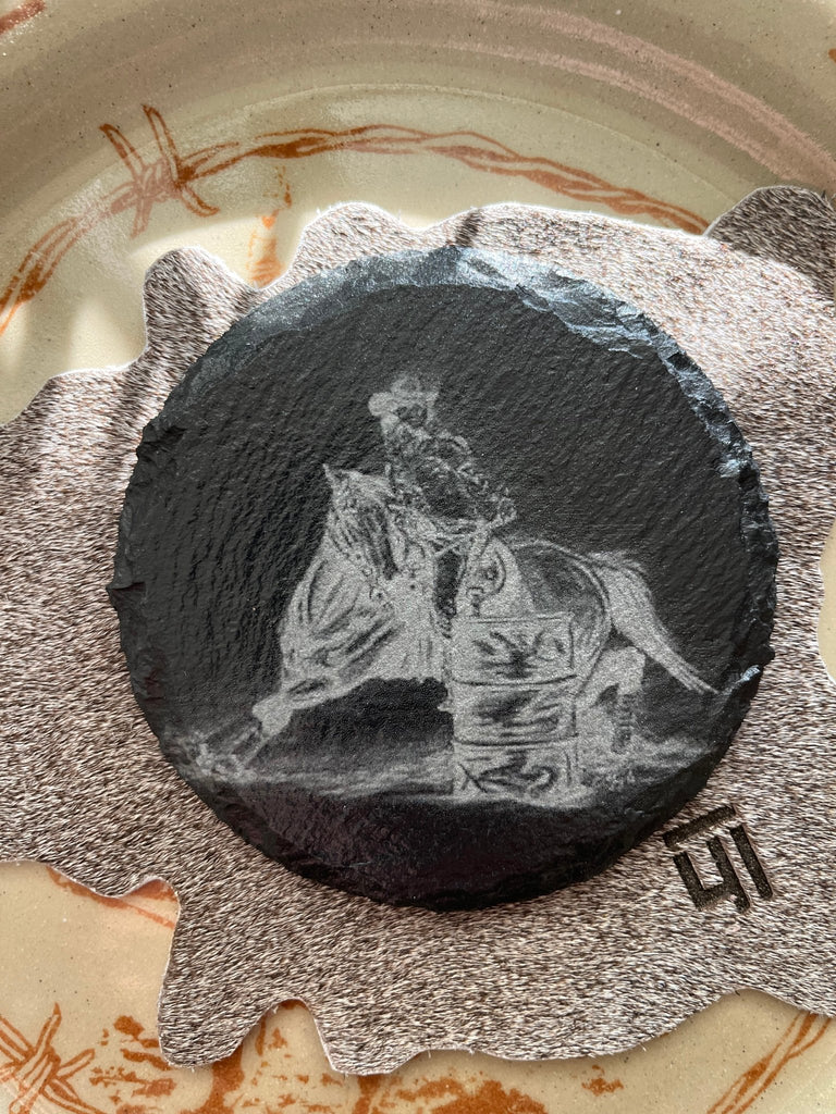 Engraved barrel racer round slate coasters made to order - Your Western Decor