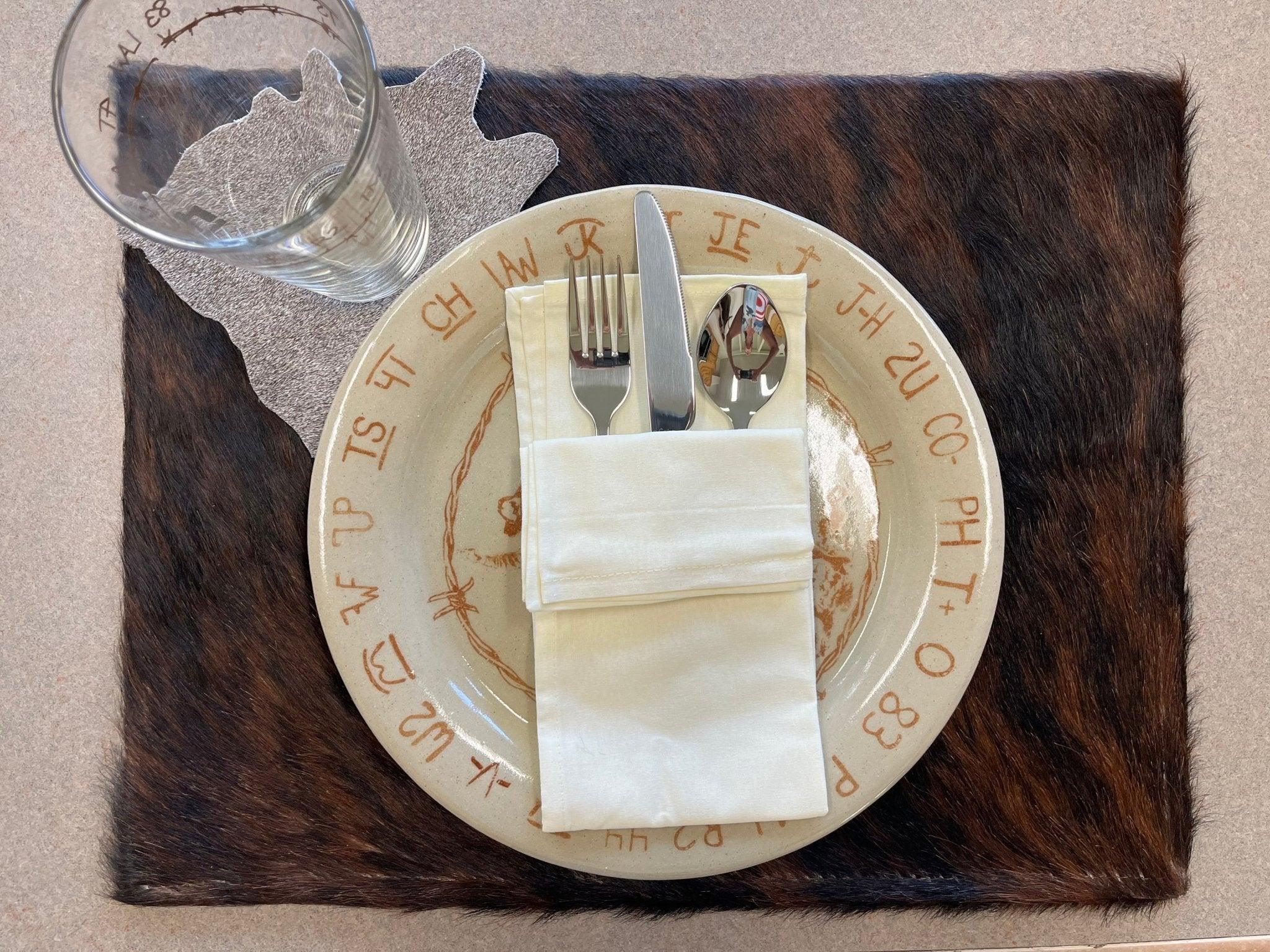 Blue Mountain Brands Dinner Plate on Brindle Cowhide Placemat