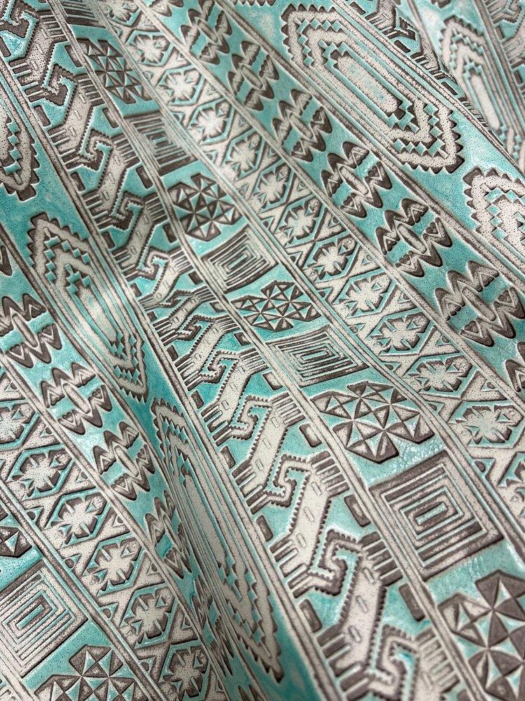 Aqua turquoise Aztec embossed upholstery leather hide - Your Western Decor