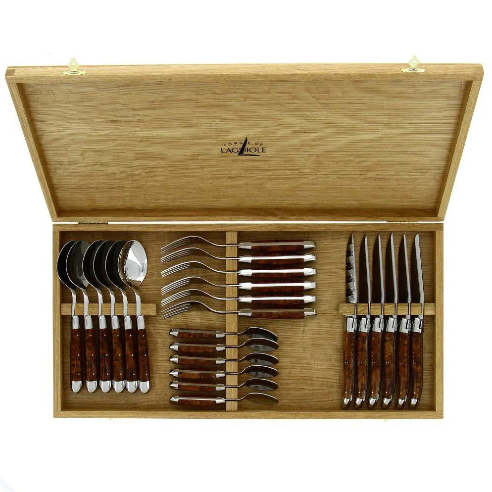 Luxury Thuya Burl 24 Piece Cutlery Set - Shiny Finish in wood storage box - Your Western Decor