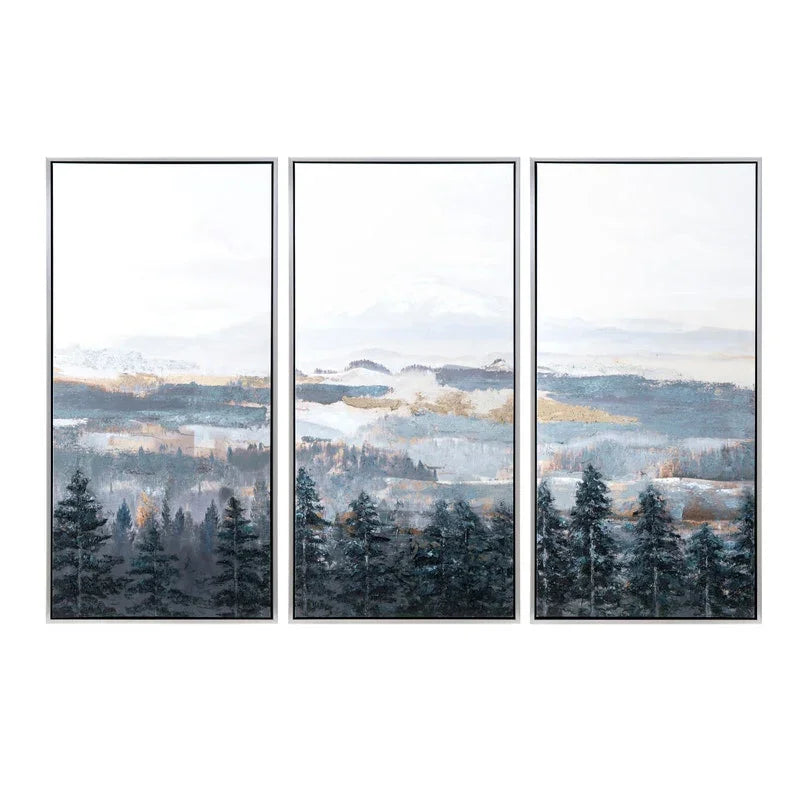 abstract pine forest landscape canvas wall art set in blue and neutral tones for modern rustic and designer interiors hanging on white wall