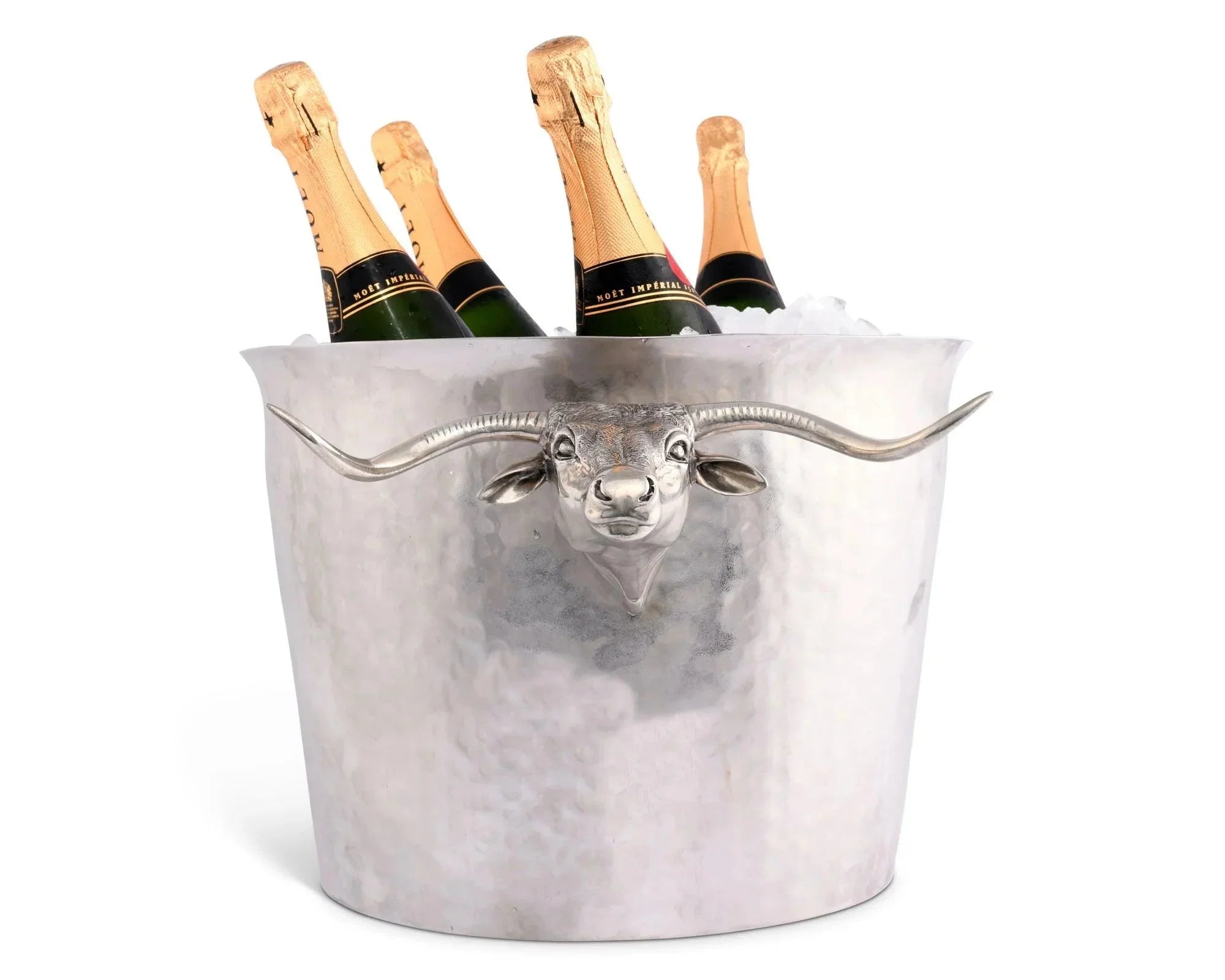 Hammered solid pewter ice bucket with detailed longhorn steer handles - Your Western Decor