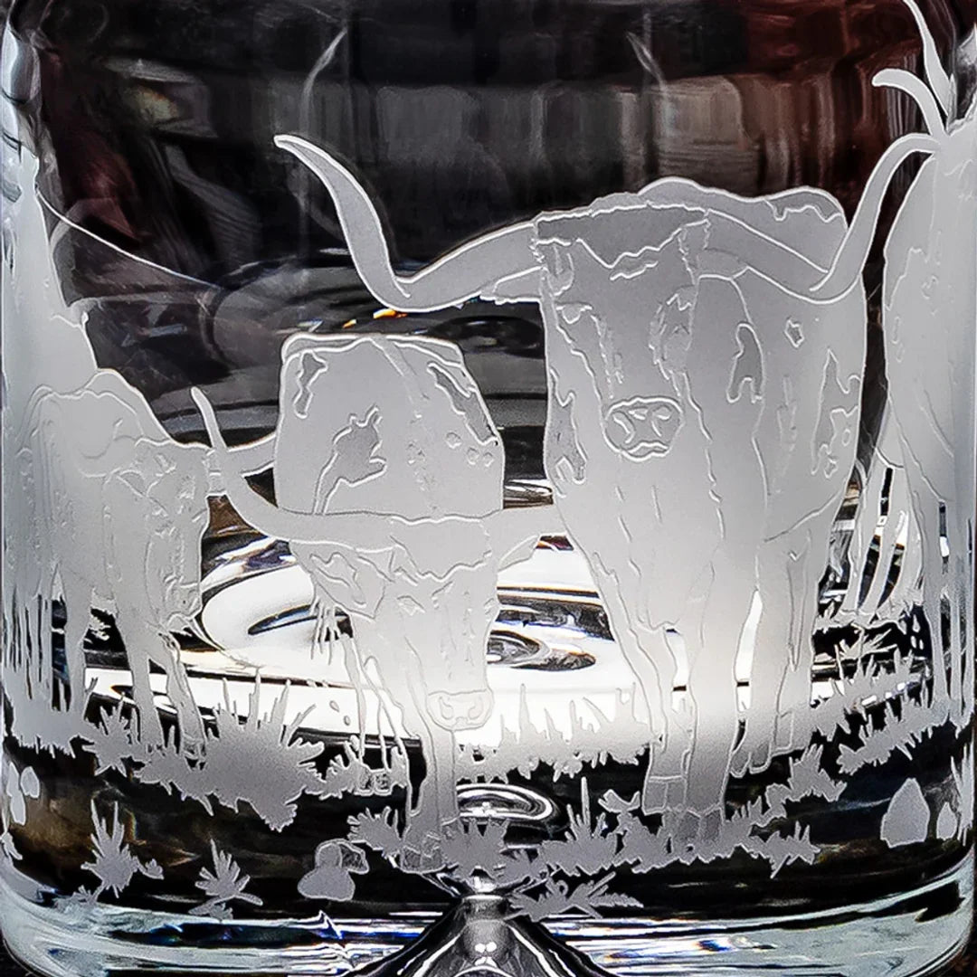 Longhorn Stampede Sand Carved Decanter - textured carved longhorn stampede design - Your Western Decor