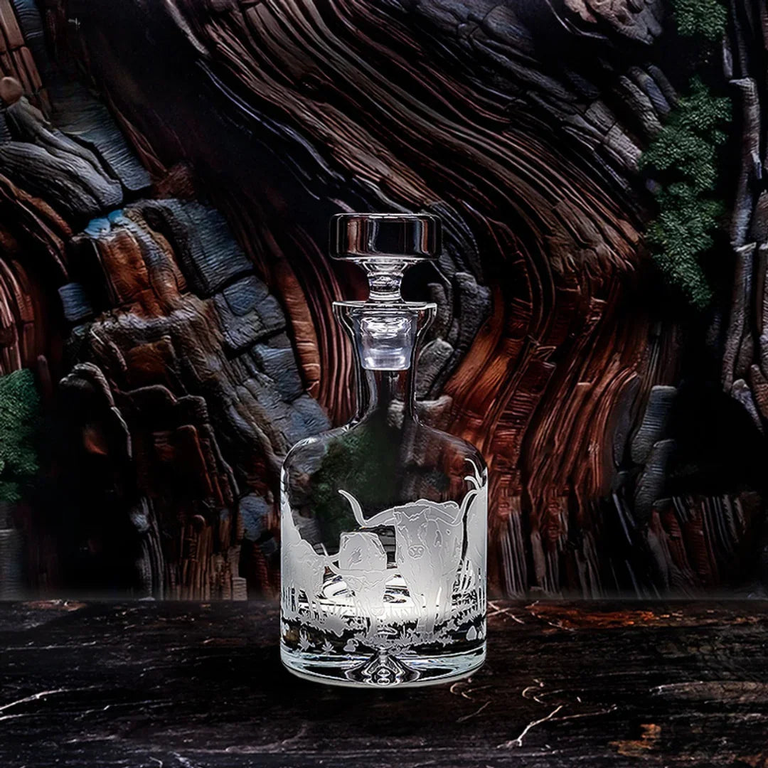 Longhorn Stampede Sand Carved Decanter - textured carved longhorn stampede design - Your Western Decor