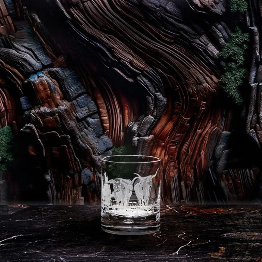 Longhorn Stampede Sand Carved Rocks Glasses - Textured longhorn stampede silhouette - Crystal clear glass - Your Western Decor