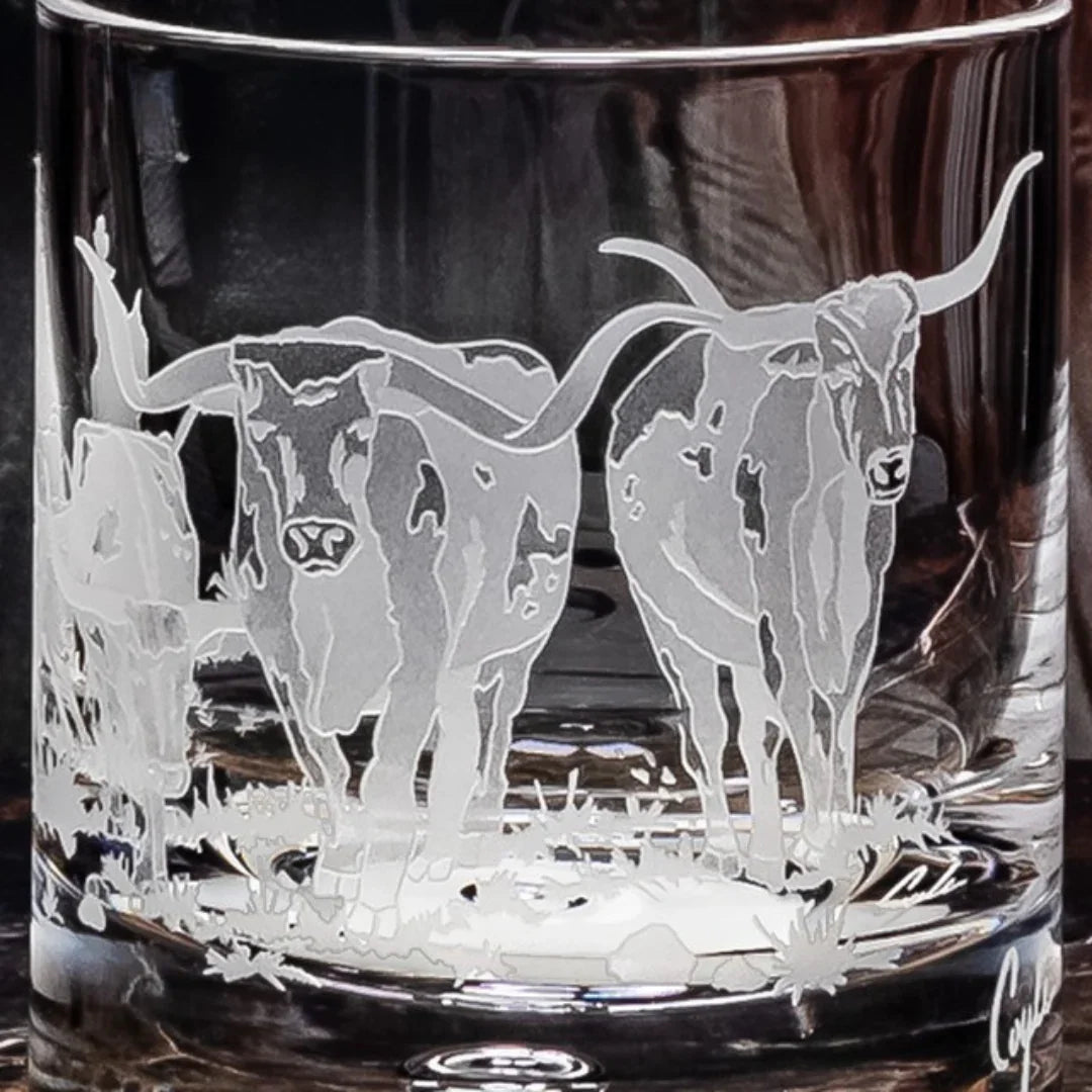 Longhorn Stampede Sand Carved Rocks Glasses - Textured longhorn stampede silhouette - Crystal clear glass - Your Western Decor