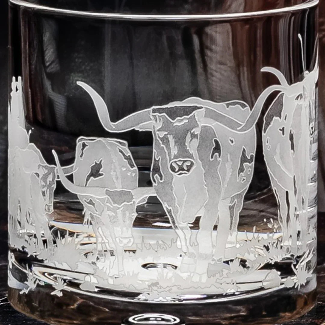 Longhorn Stampede Sand Carved Rocks Glasses - Textured longhorn stampede silhouette - Crystal clear glass - Your Western Decor