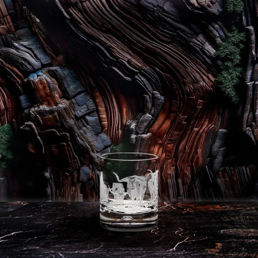 Longhorn Stampede Sand Carved Rocks Glasses - Textured longhorn stampede silhouette - Crystal clear glass - Your Western Decor