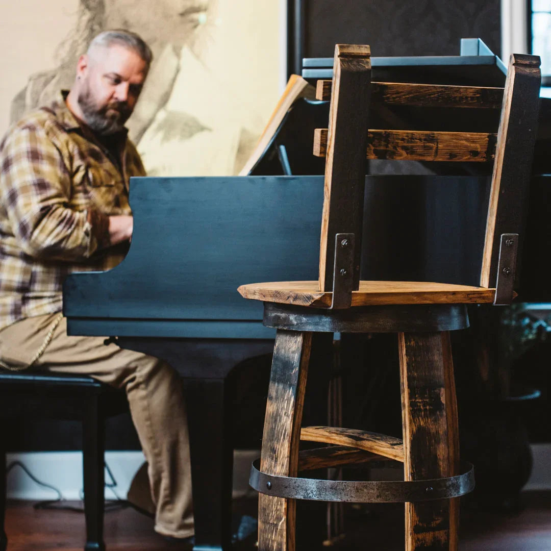 American made rustic bar stool made of whiskey barrel - Your Western Decor