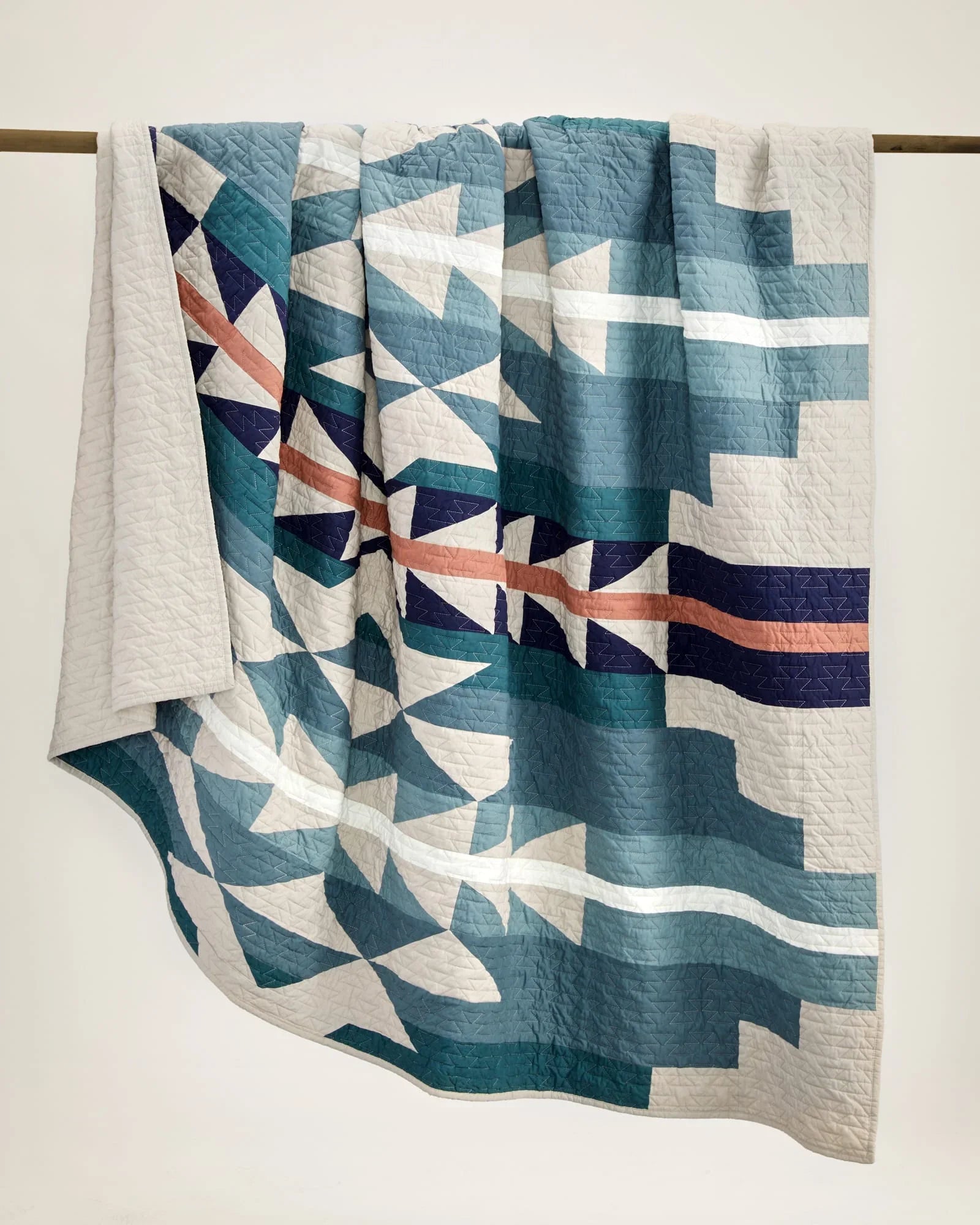 Medicine Bow Quilt Set - Geometric Pattern - Blues, Peach & Ivory - Solid Ivory reverse - Your Western Decor