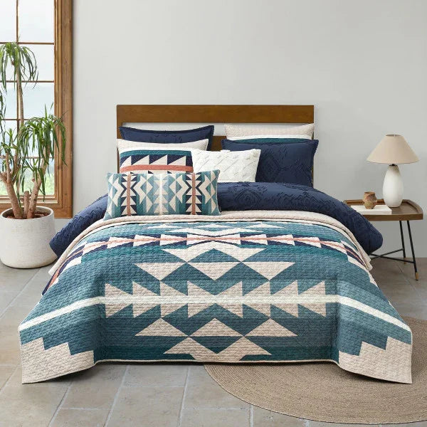 Medicine Bow Quilt Set - Geometric Pattern - Blues, Peach & Ivory - Solid Ivory reverse - Your Western Decor