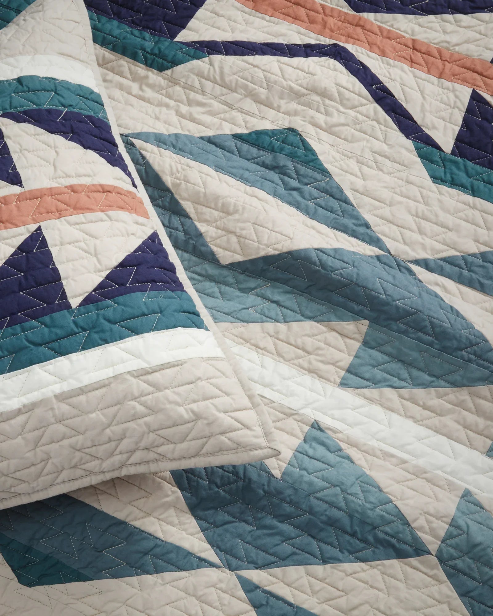 Medicine Bow Quilt Set - Geometric Pattern - Blues, Peach & Ivory - Solid Ivory reverse - Your Western Decor