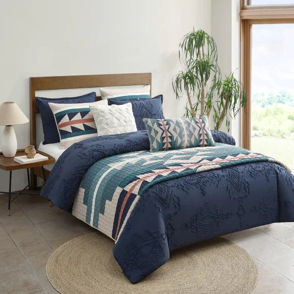 Medicine Bow Quilt Set - Geometric Pattern - Blues, Peach & Ivory - Solid Ivory reverse - Your Western Decor