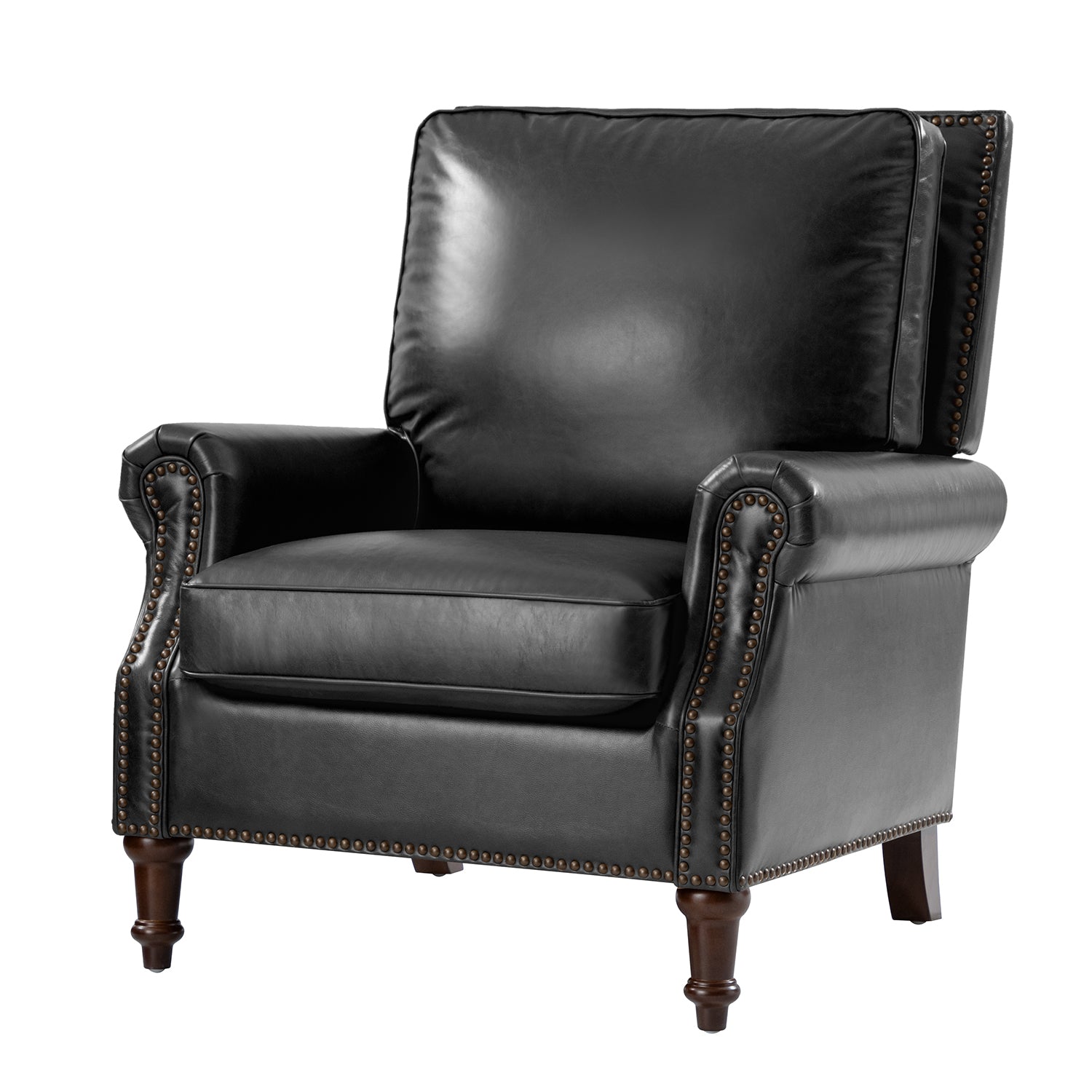 Midnight Canyon leather accent chair in black genuine leather with nailhead trim and turned wood legs angles view