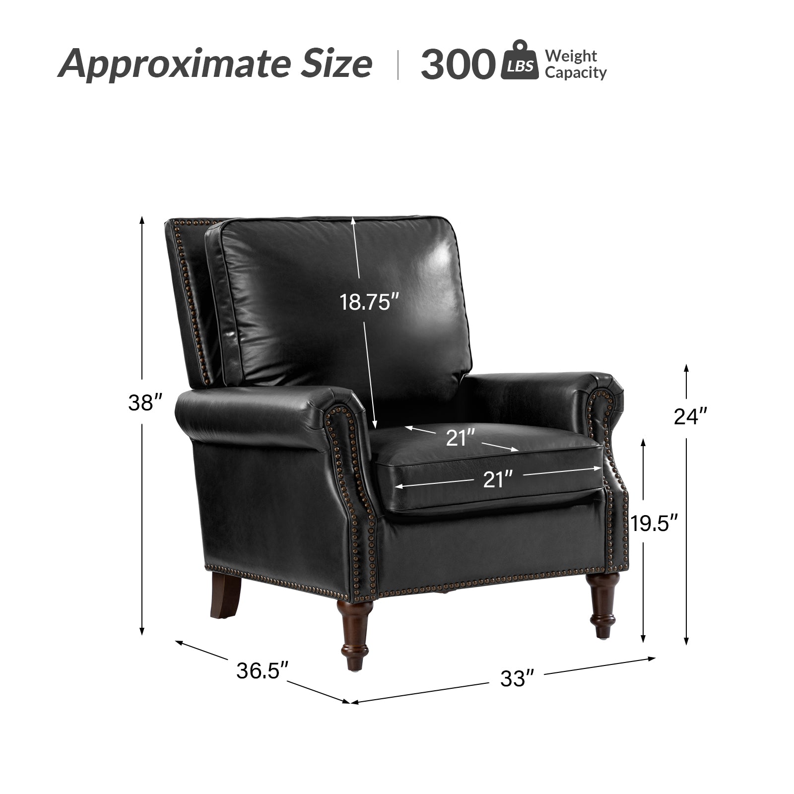 Midnight Canyon leather chair dimensions showing 38 inch height, 36.5 inch depth, 33 inch width and 300 lb weight capacity