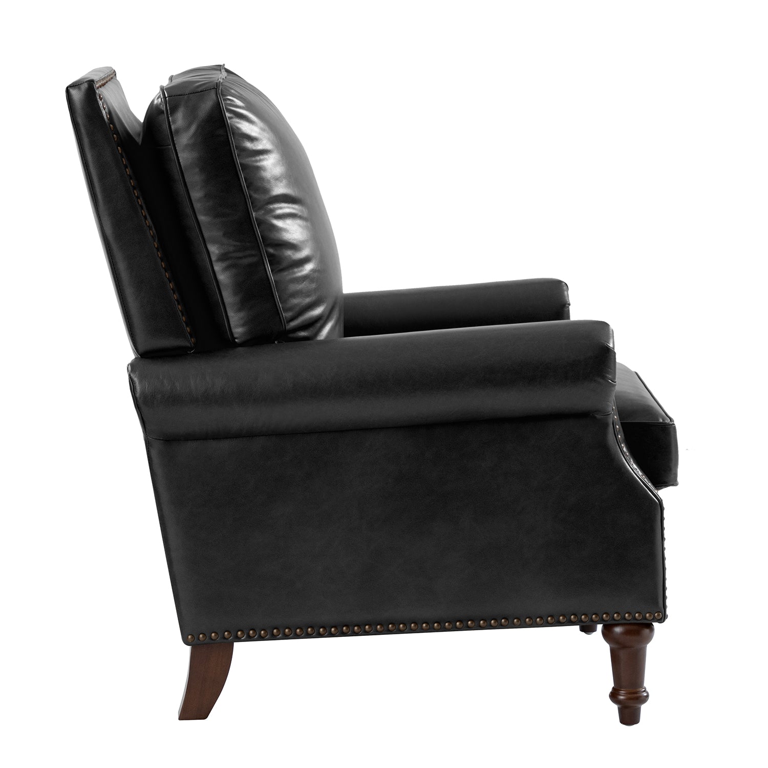 Midnight Canyon leather chair side view highlighting rolled arm design, nailhead trim and wood legs
