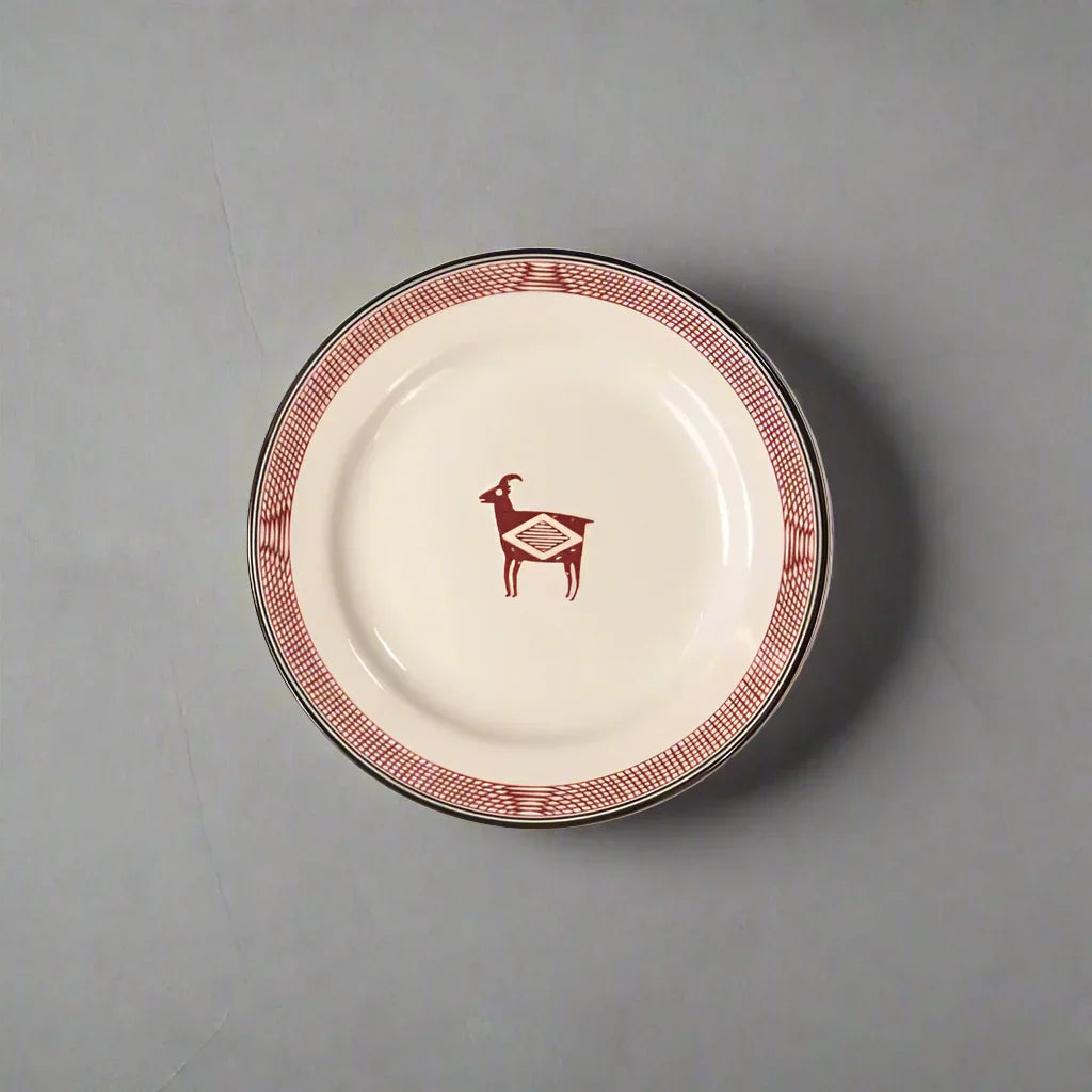 Mimbreño salad plate in maroon and white with Aztec goat art - Your Western Decor