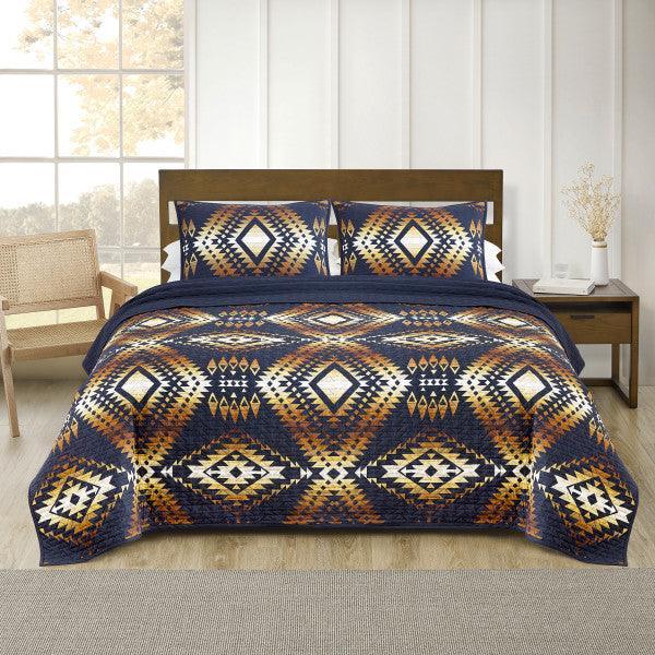 Mission Trails Sky Captain Coverlet Set - Navy Blue, Browns & White - Cotton - Aztec Design - Your Western Decor