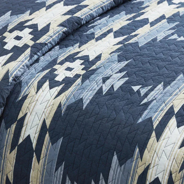 Moonlit Mesa Navy Coverlet Set - Navy Blue, light blue & white - geometric aztec design - solid reverse - Your Western Decor