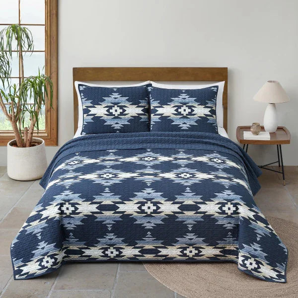 Moonlit Mesa Navy Coverlet Set - Navy Blue, light blue & white - geometric aztec design - solid reverse - Your Western Decor