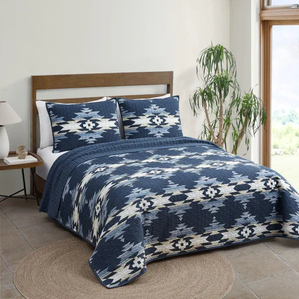 Moonlit Mesa Navy Coverlet Set - Navy Blue, light blue & white - geometric aztec design - solid reverse - Your Western Decor