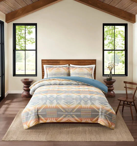 Mystic Lake Comforter Set - Multicolored Sunset colors - Aztec print design - teal reverse - Your Western Decor