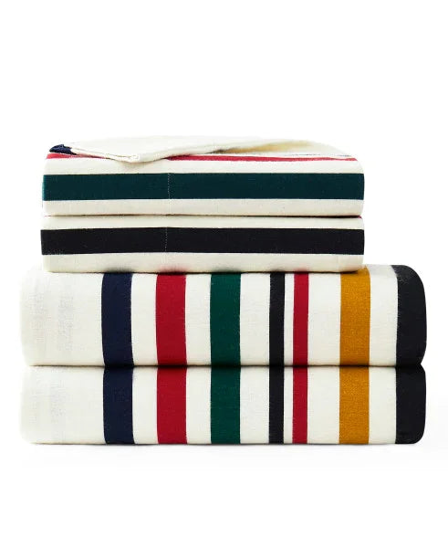 National Park Stripe Sheet Set - Glacier National Park Stripes - Green, Red, Yellow & Black stripes on white - Fitted sheet, flat sheet, 2 pillow cases - Your Western Decor