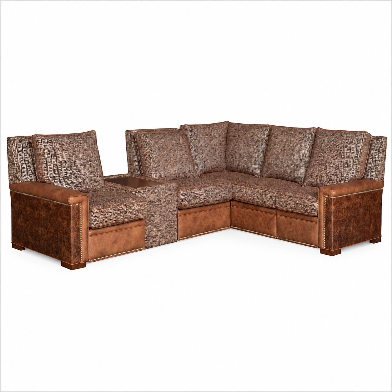 New Haven sectional with rich leather arm panels, textured herringbone upholstery, nailhead trim accents, and integrated center console.
