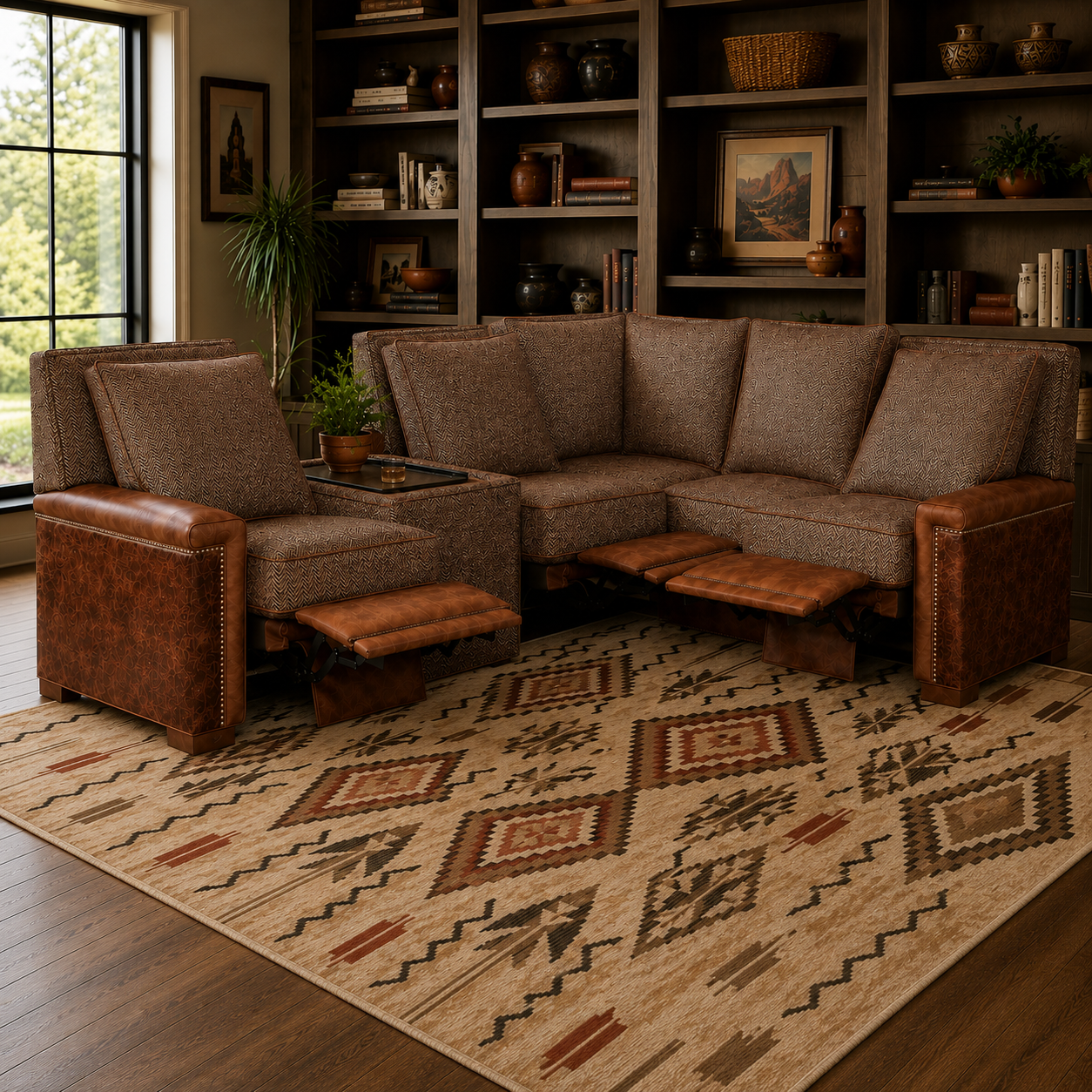 New Haven recliner sectional in a luxury Western living room with built-in shelving, leather accents, herringbone upholstery, and Southwestern area rug.
