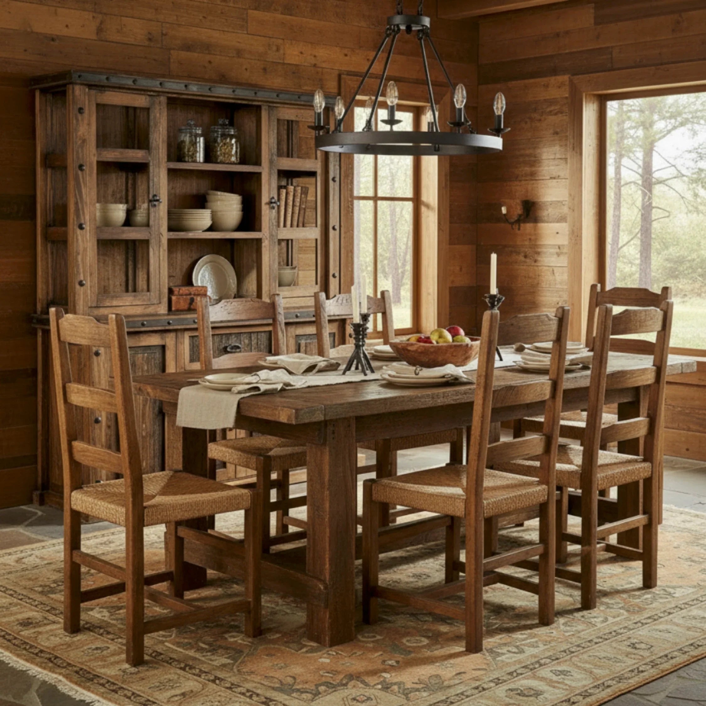 Wooden dining set with table and chairs in a rustic room with bookshelves and large windows - Your Western Decor