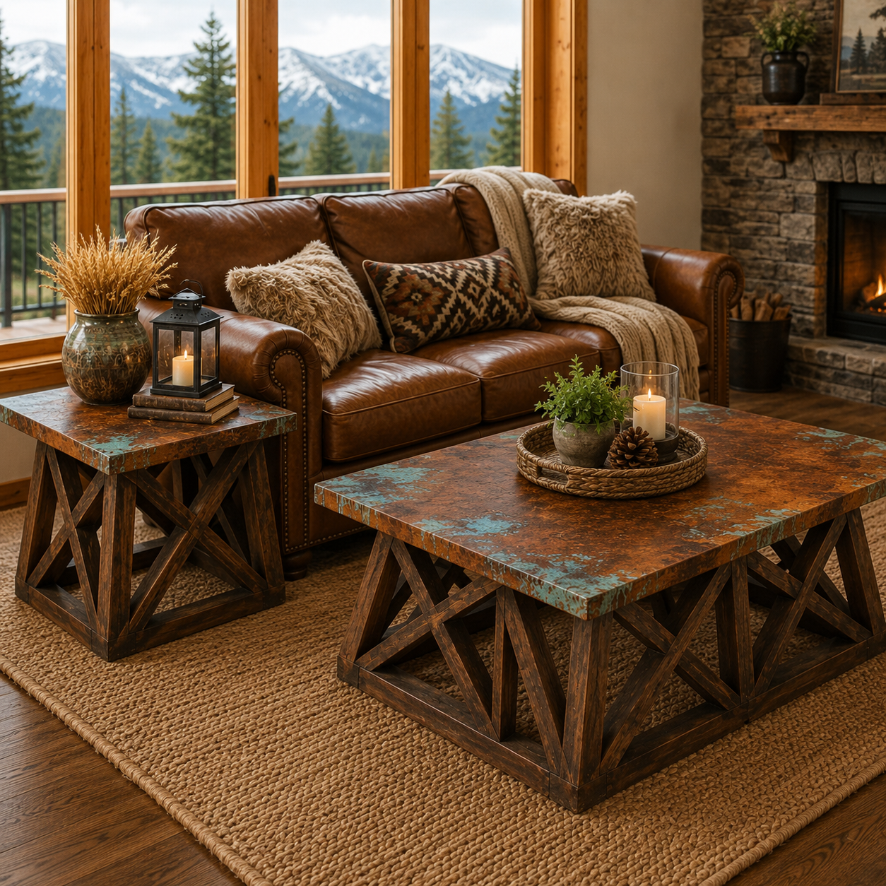 Oil Derrick Copper Coffee Table and matching end table in a Cozy living room with brown leather sofa and fireplace with mountain view.