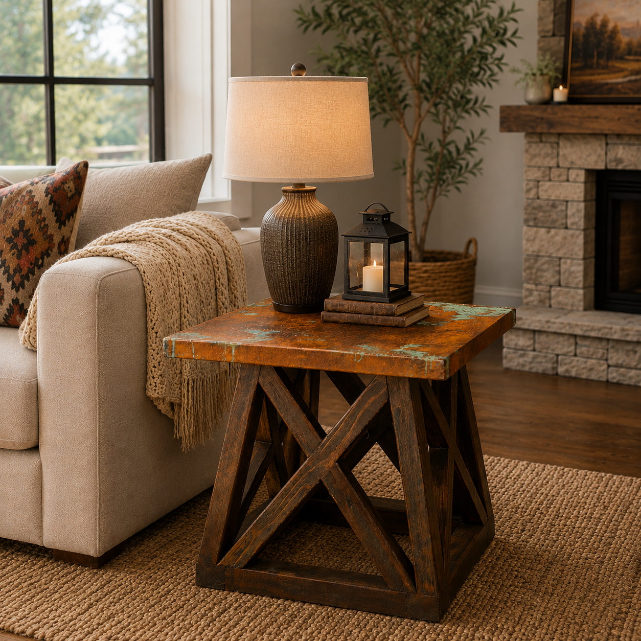 Oil Derrick Copper Side Table styled in a cozy rustic-modern living room beside a cream sofa, featuring a distressed copper-finish top, geometric wood base, warm table lamp, and stone fireplace accents.