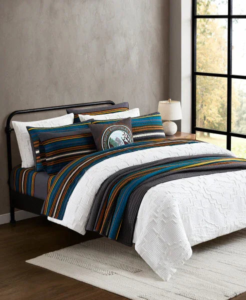 Olympic National Park Sheet Set - Grey with Blue, Orange, Yellow, White & Black stripes - Your Western Decor