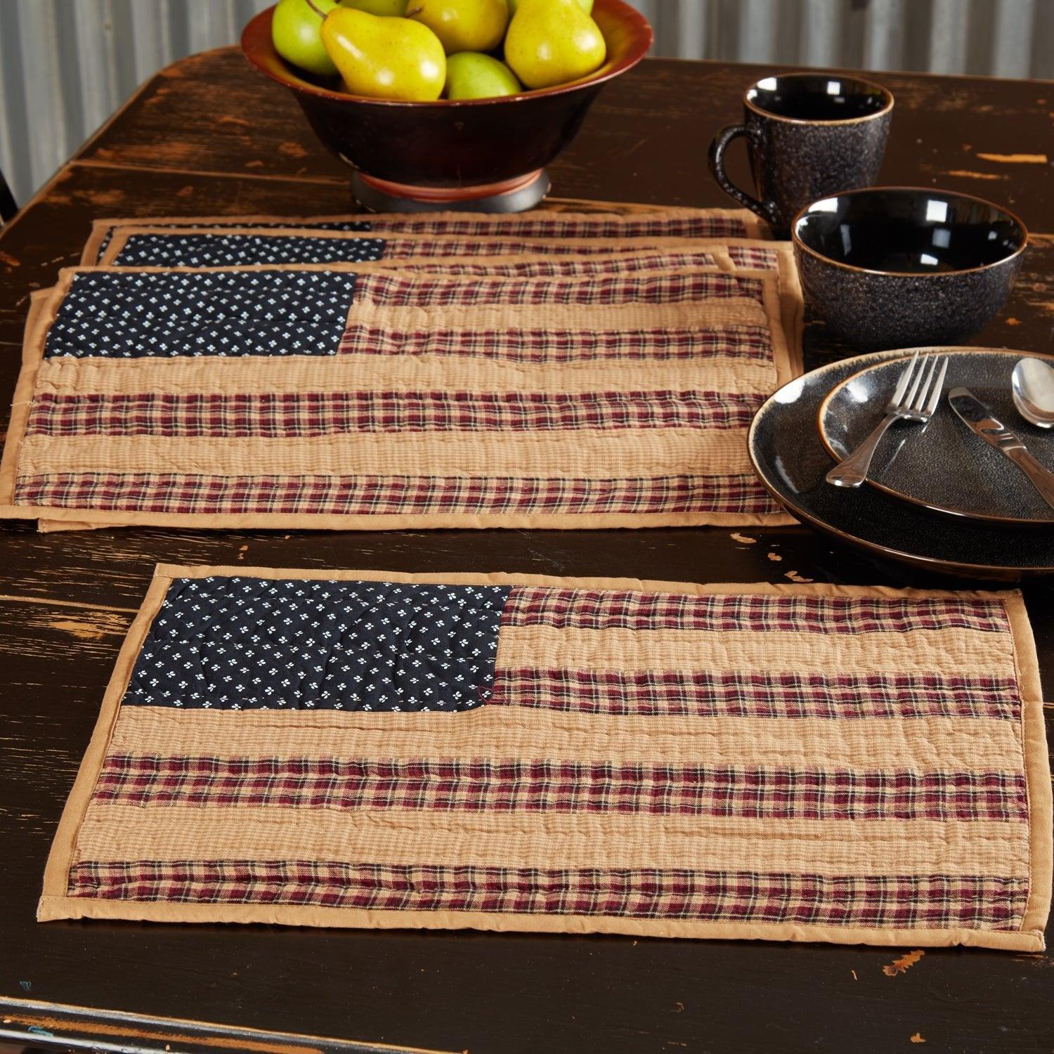 patriotic placemats set of 6 with americana patchwork quilted cotton design on rustic dining table