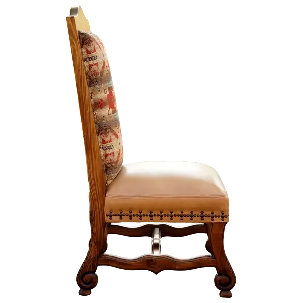 Decorative chair with patterned backrest and leather seat on a white background