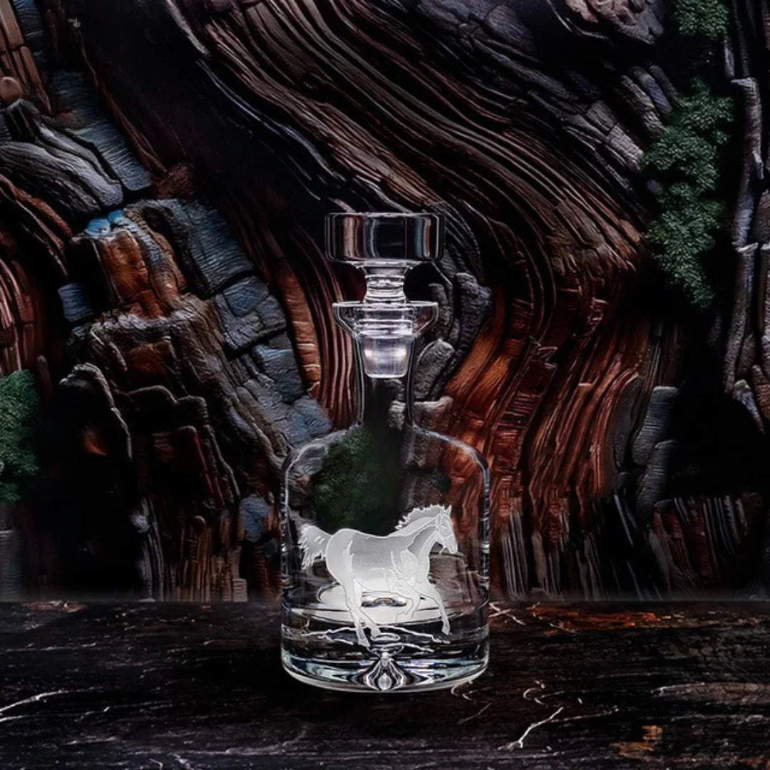 Quarter Horse Sand Carved Decanter - Textured Quarter horse carved design - clear crystal glass - Your Western Decor