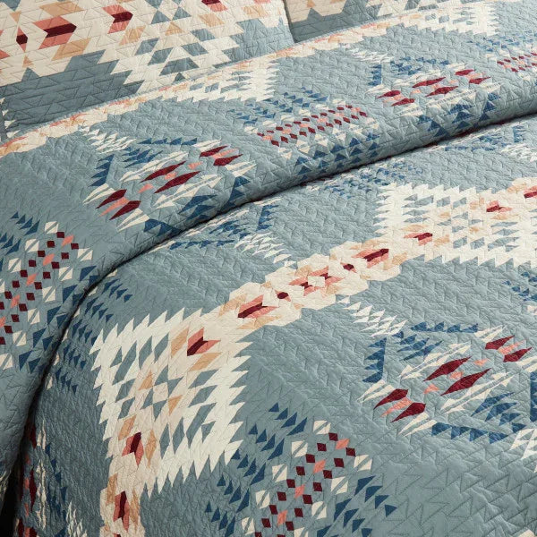Rancho Arroyo Coverlet Set - Dusty Blue with ivory, tans & burgundy geometric pattern - Southwestern - Your Western Decor