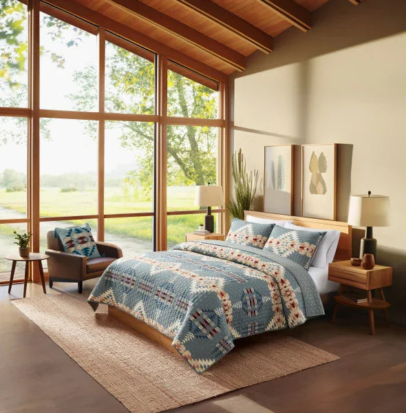 Rancho Arroyo Coverlet Set - Dusty Blue with ivory, tans & burgundy geometric pattern - Southwestern - Your Western Decor