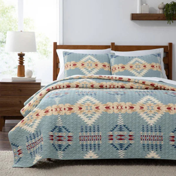 Rancho Arroyo Coverlet Set - Dusty Blue with ivory, tans & burgundy geometric pattern - Southwestern - Your Western Decor