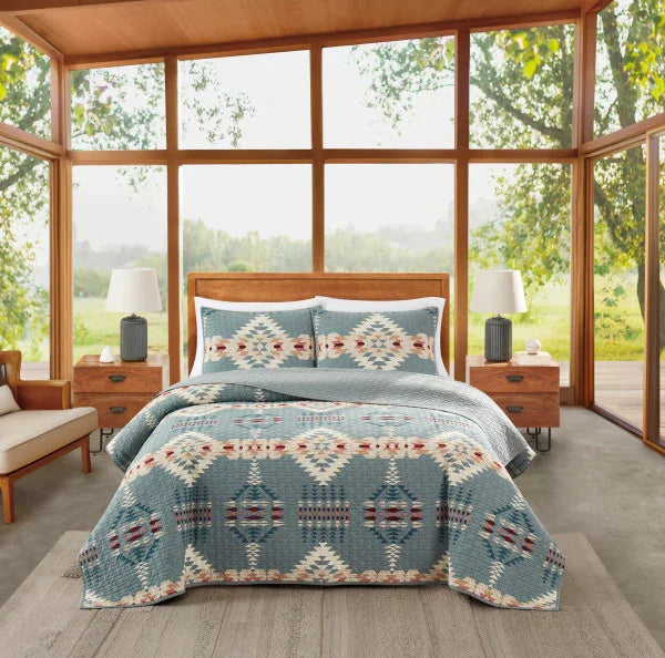 Rancho Arroyo Coverlet Set - Dusty Blue with ivory, tans & burgundy geometric pattern - Southwestern - Your Western Decor