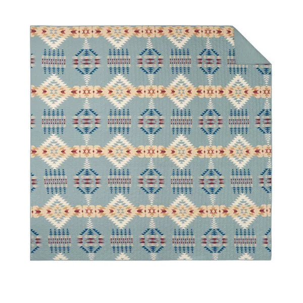 Rancho Arroyo Coverlet Set - Dusty Blue with ivory, tans & burgundy geometric pattern - Southwestern - Your Western Decor
