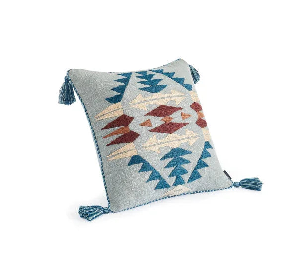 Rancho Arroyo Euro Sham - Blue, burgundy & tan embroidered geometric pattern - blue fringe corners - Your Western Decor