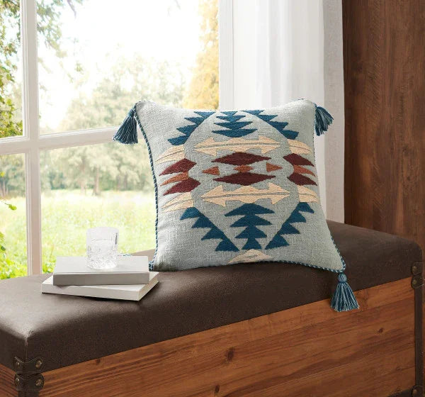 Rancho Arroyo Euro Sham - Blue, burgundy & tan embroidered geometric pattern - blue fringe corners - Your Western Decor
