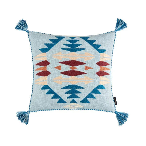 Rancho Arroyo Euro Sham - Blue, burgundy & tan embroidered geometric pattern - blue fringe corners - Your Western DecorRancho Arroyo Euro Sham - Blue, burgundy & tan embroidered geometric pattern - blue fringe corners - Your Western Decor
