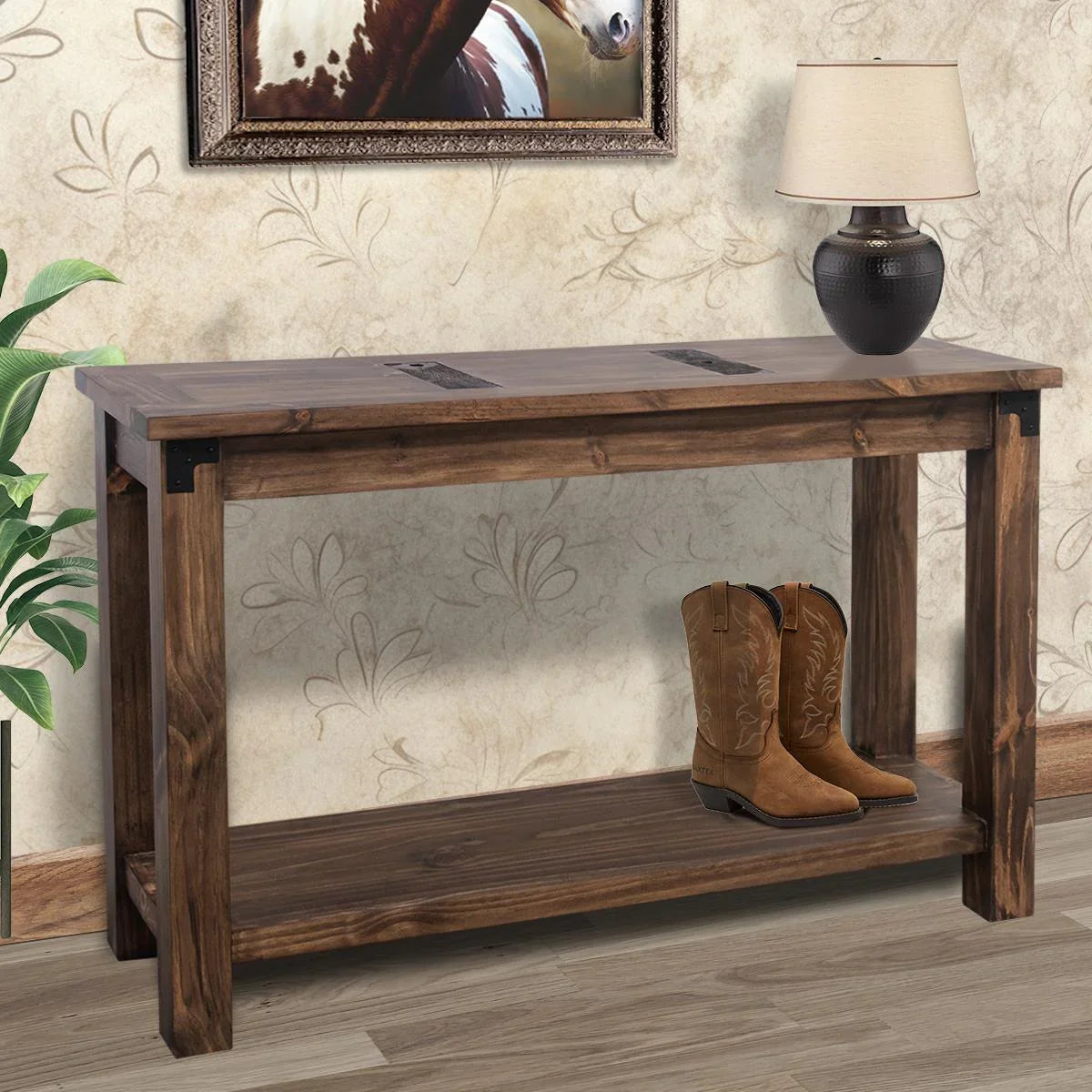 Riverside Sofa Table - Natural Pine Wood - Dark Walnut Stain - Natural Wood grain - Black Metal Hardware Accents - Bottom Shelf - Your Western Decor