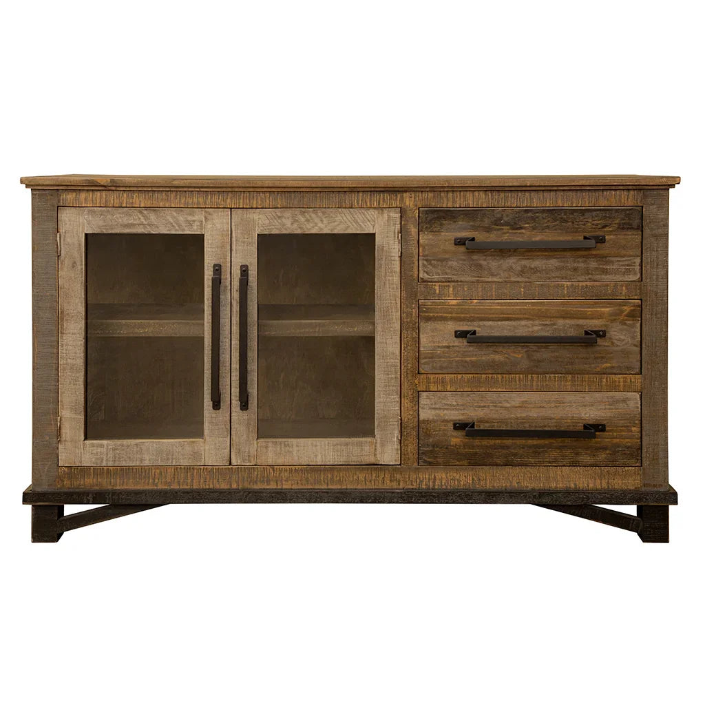 Rustic farmhouse sideboard cabinet with storage drawers and glass-front doors