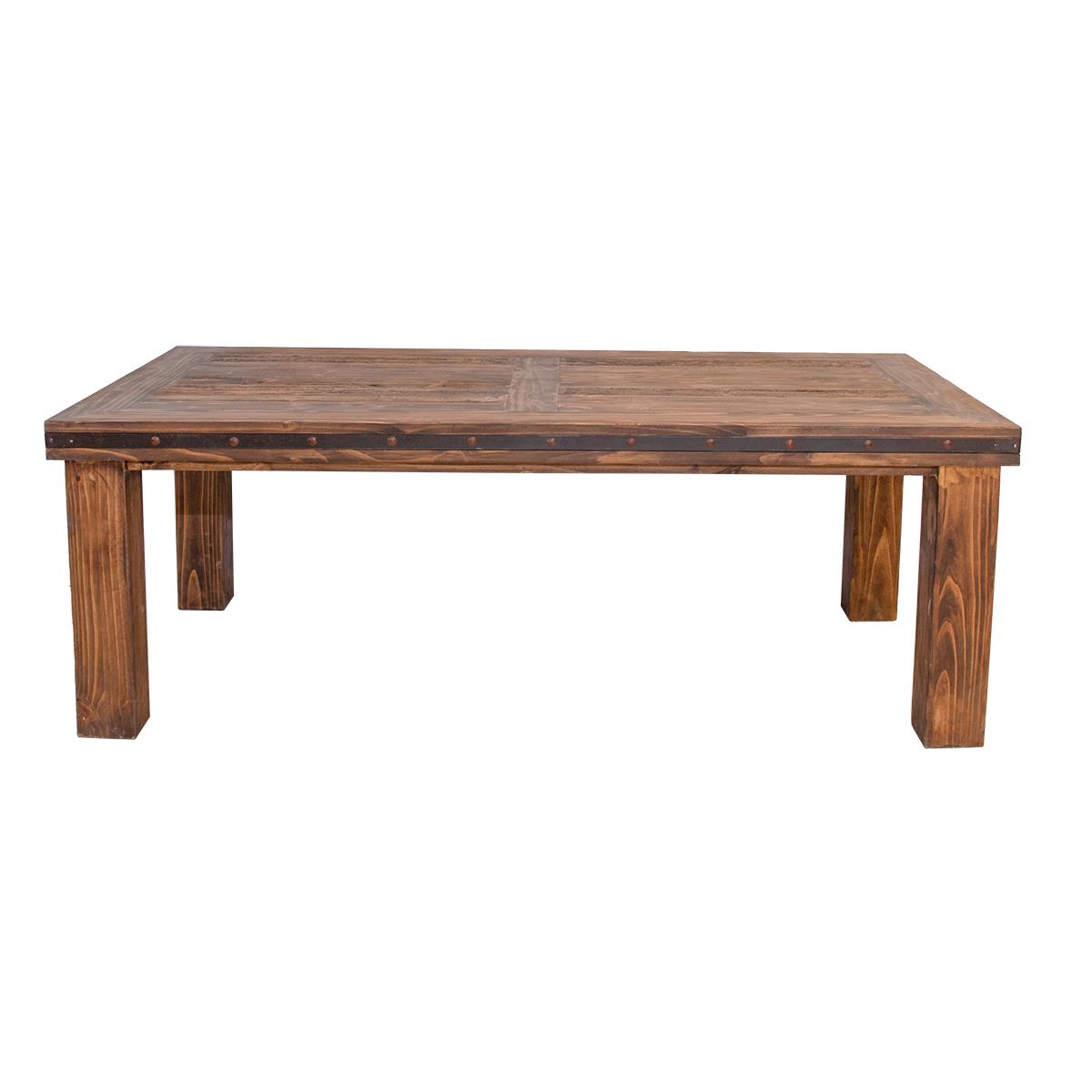 A rustic rectangular wooden coffee table with a dark brown stained finish and visible wood grain, shown against a plain white background.