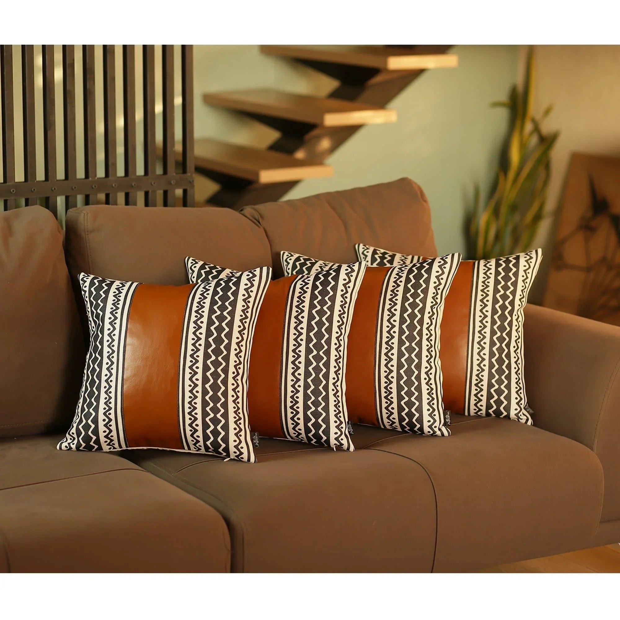 Tan Faux Leather & Fabric 17" Pillow Covers 4-pc - Your Western Decor, LLC