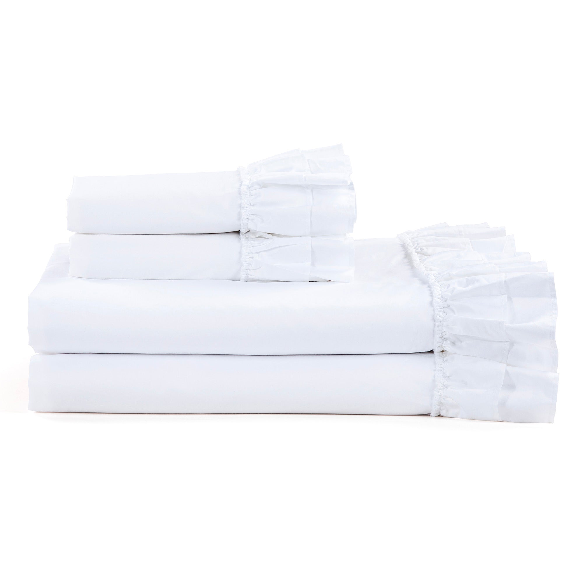 Savannah Ruffled 350TC Cotton Sateen Sheet Set folded stack on white background